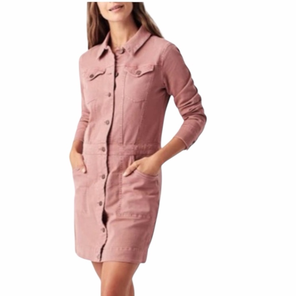 Faherty Pink Denim Shirt Dress Button Front Mini Organic Cotton Size S - Picture 6 of 8